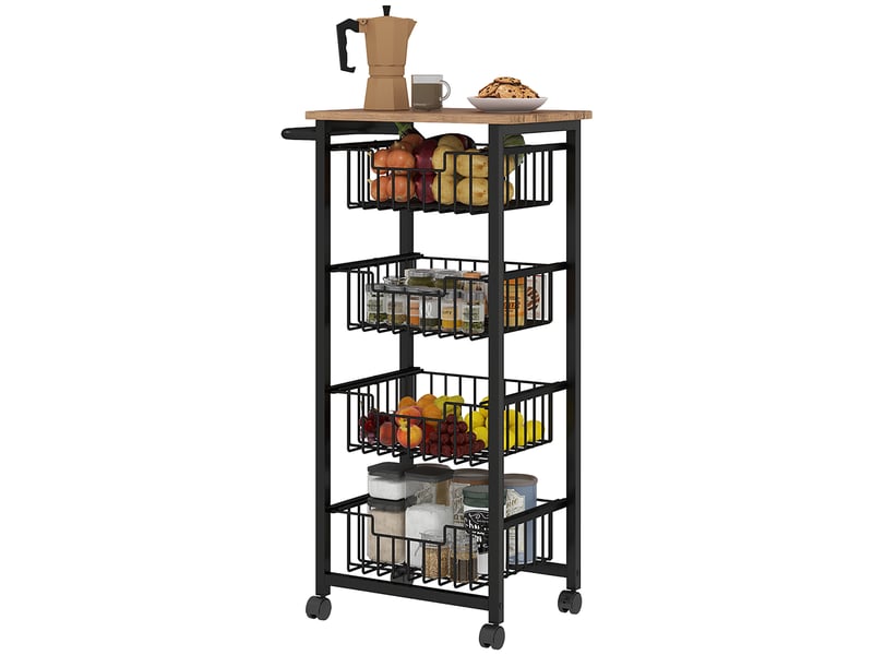  Chariot de rangement à 5 niveaux, desserte à roulettes, 4 paniers coulissants et plateau, chêne et noir, 49,5x31x91cm  - Conforama B
