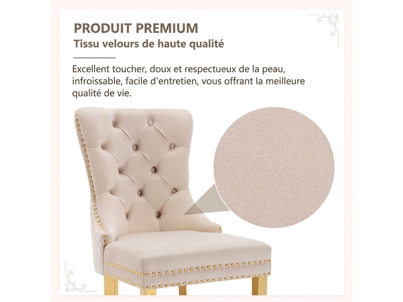  Lot de 6 chaises de salle à manger en velours beige, pieds en acier inoxydable doré, finition avec clous décoratifs et anneau au dos  - Conforama R