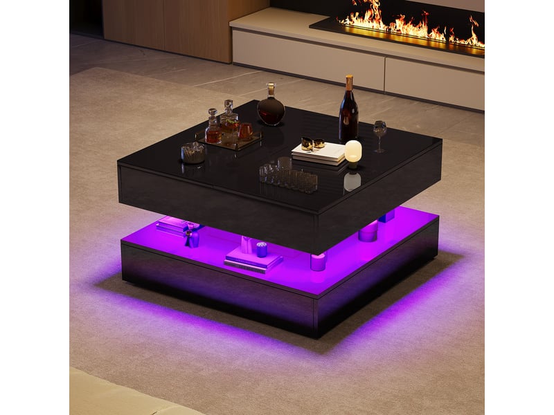 Table basse 78x78cm noir brillant - design moderne, éclairage led rvb (télécommande et app) et 2 tiroirs - Conforama C