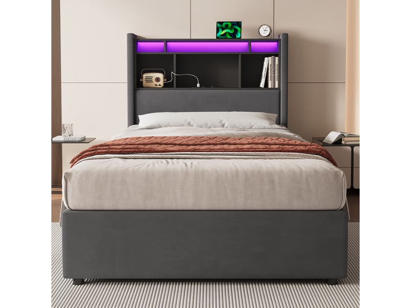  Lit coffre simple 90x200cm avec lampe led, fonction de charge et fonction de rangement, sans matelas  - Conforama W