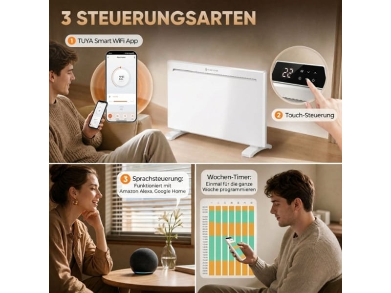  Radiateur électrique connecté 1500 w blanc, sur pied ou mural, minuterie 7 jours, détection de fenêtre, antigel  - Conforama B