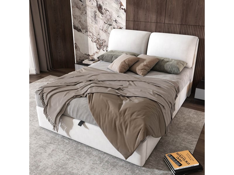  Lit coffre 140x190 cm, lit rembourré en velours beige, avec 3 tiroirs,  rangement hydraulique et tête de lit  - Conforama B