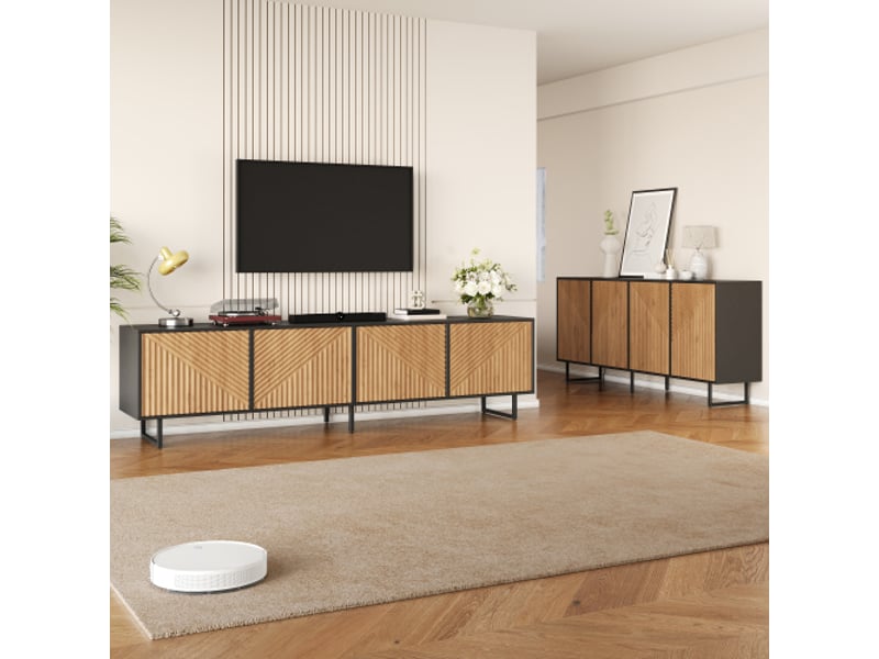  Ensemble de meuble tv et buffet naturel 180x40x50 cm et 160x40x75 cm, 4 portes, accents noirs  - Conforama B