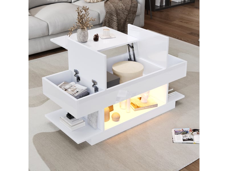  Table basse relevable rectangulaire blanc - 45x98 cm led panneau de particules table basse blanc - Conforama E
