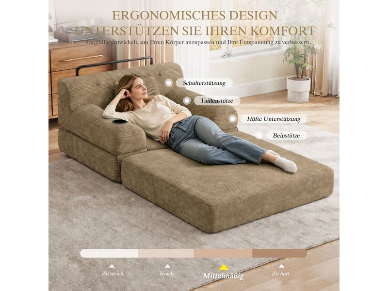 Canapé-lit dossier haut couchage d'appoint 1 place velours côtelé cadre métal mousse haute densité 2 porte-gobelets 4 poches latérales coloris kaki - Conforama E