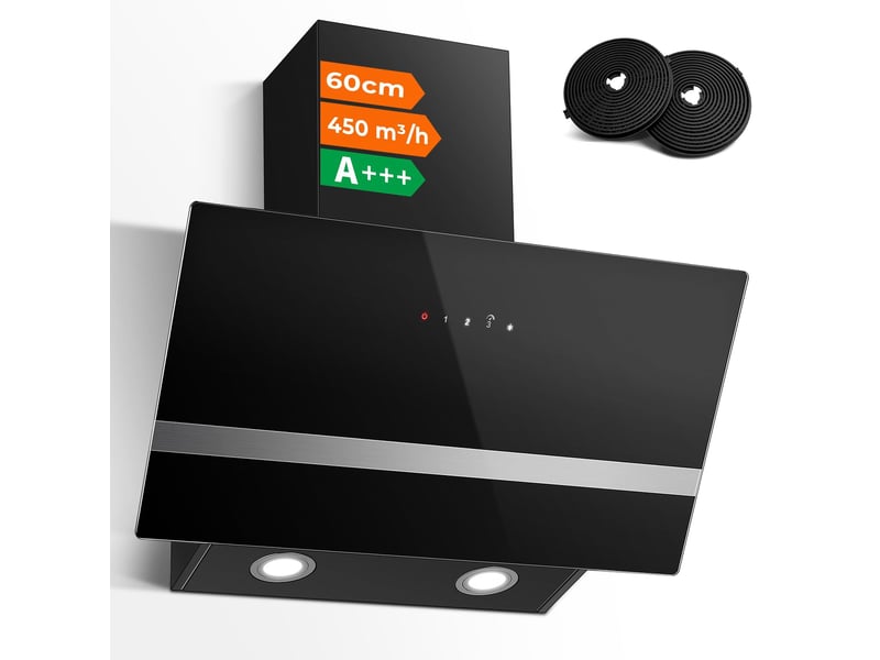  Hotte aspirante murale noire 60 cm, 450 m³h, 3 vitesses avec boost, tactile, évacuation et recyclage, éclairage led, classe a+++  - Conforama A