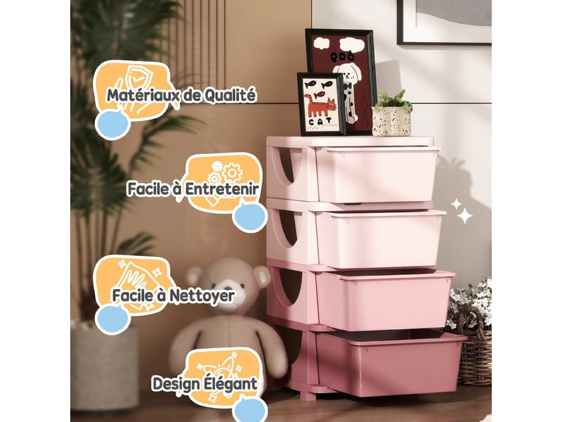  Organisateur de jouets pour enfants avec 4 tiroirs à 4 niveaux, boîtes de rangement en plastique, rose, 37 x 37 x 76 cm  - Conforama W