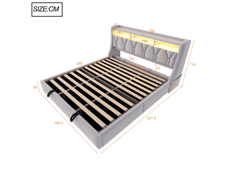 Lit double 180 × 200 cm coffre hydraulique, tête relevable avec led, prises et rangements, gris clair, chambre - Conforama C