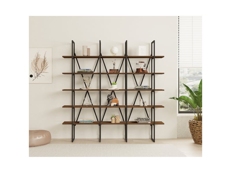 Bibliothèque style industriel 5 étagères effet bois noyer et métal noir bezy - Conforama C