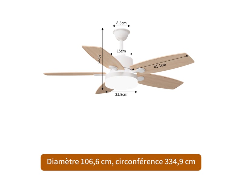  Ventilateur de plafond avec led - 42 pouces - 5 pales en contreplaqué, silencieux  - style moderne - bois naturel  - Conforama E