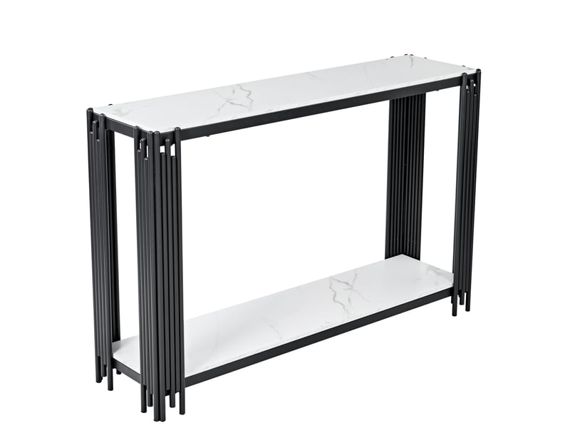  Console à 2 niveaux 123,5 x 33,5 x 80 cm en mdf effet marbre blanc et métal noir  - Conforama A