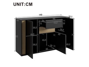 Sideboard 140cm noir et bois naturel - meuble de rangement avec 3 portes, 1 tiroir et éclairage led