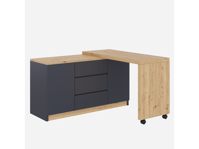  Bureau d'angle pivotant, bureau à roulettes avec freins, bureau gris et chêne, table de travail modulable pour maison et bureau.  - Conforama A