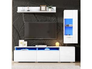 Ensemble meuble tv 3 pièces avec led et vitrine modulable - rangement mural mdf acrylique verre blanc