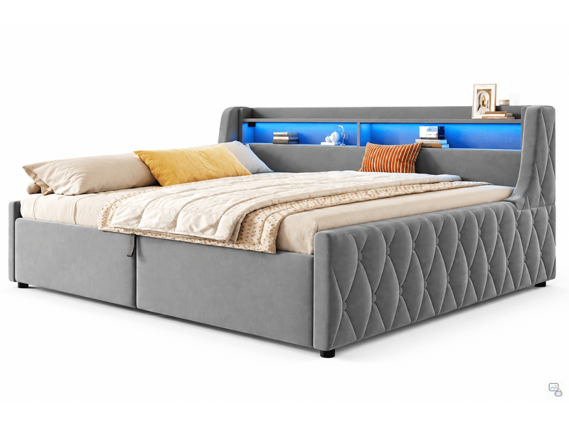  Lit coffre 90 x 200 cm, lit adulte avec rangement, rangement hydraulique, éclairage led, tête de lit, 1 place, velours, gris Morn Vibe - Conforama A