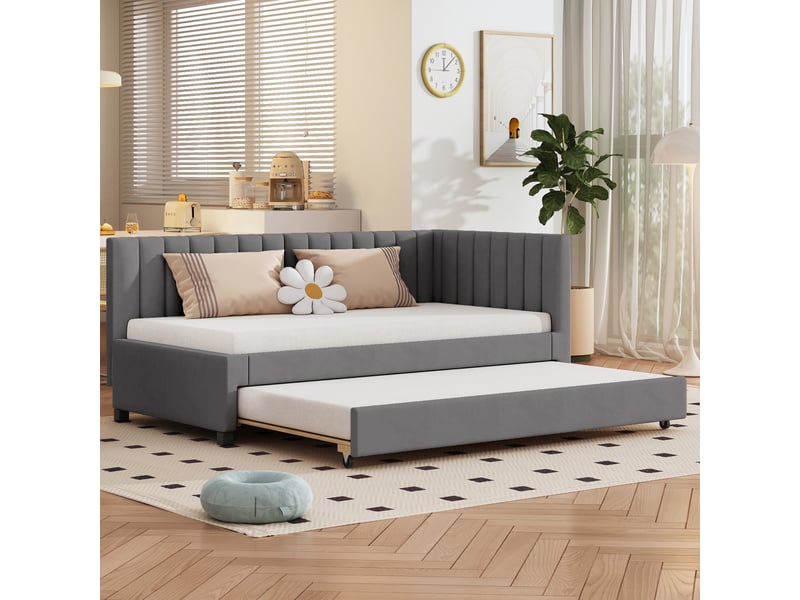  Lit capitonné 90*200 cm gris, canapé-lit convertible multifonctionnel avec sommier à lattes, sans matelas  - Conforama C