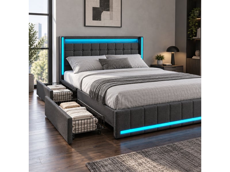  Lit adulte 2 places 140x190 cm, lit double avec rangement, led, port usb, 4 tiroirs, lin gris foncé  - Conforama B