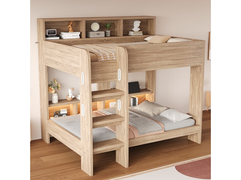  Lit superposé 90x200 cm en mdf avec barrières de sécurité, échelle large, rangements et étagères, éclairage led et prises électriques - bois naturel  - Conforama B