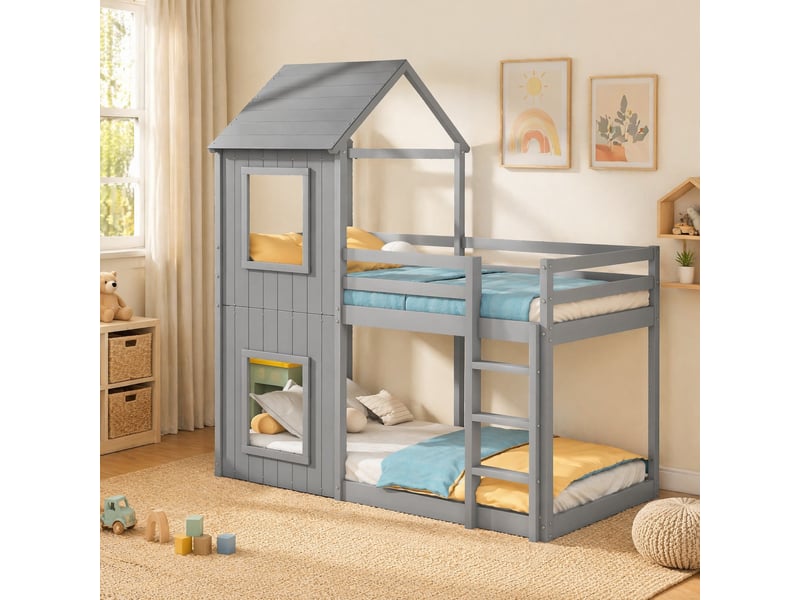  Modenvie lit enfant cabane 90x200 cm - structure en pin massif, avec barrière de sécurité - gris  - Conforama E