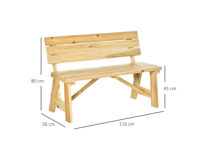  Banc de jardin en bois 2 places avec lattes et dossier haut, 116 x 56 x 80 cm, couleur naturelle  - Conforama E