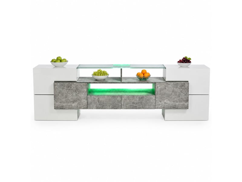  Meuble tv modenvie 200 x 35 x 60 cm avec led multicolore blanc brillant et effet béton gris  - Conforama A