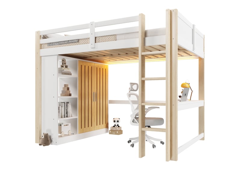  Lit mezzanine 140x200 cm avec bureau armoire led et étagères lit enfant avec échelle en pin et mdf blanc bois naturel BUYDEEMEUS - Conforama A