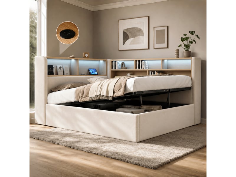  Daybett 140x190 cm mit hydraulischem stauraum, polsterbett, tagesbett, schlafsofa mit led, usb &amp; rückenlehne, samt, beige  - Conforama B