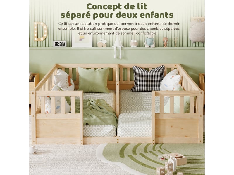  Lit au sol pour deux enfants, barrières hautes, pin naturel, 2 x 90 x 200 cm  - Conforama D