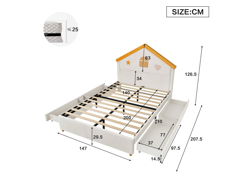 Lit cabane 140x200 cm avec 4 tiroirs en velours beige, sans matelas - Conforama C