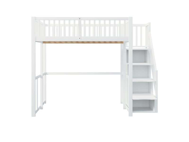 Lit mezzanine 140x200 cm en pin massif blanc, échelle avec rangement et barrières de sécurité - Conforama A