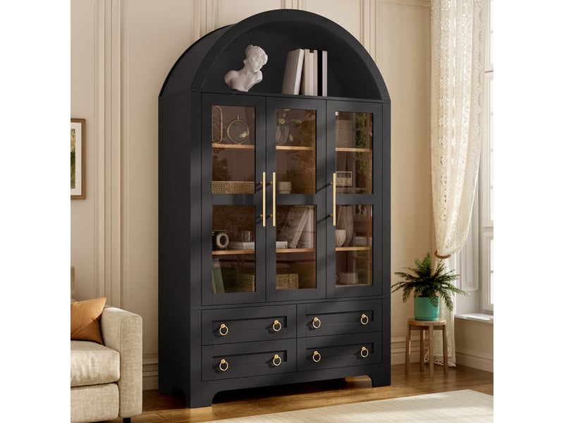  Vitrine style vintage à arche, 110 x 40 x 185 cm, avec 3 portes, 4 tiroirs et une niche ouverte en forme d'arche, coloris noir  - Conforama D