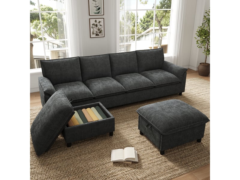 Canapé d’angle en u 4 places 264,5x142,5x84 cm modulable effet nuage avec assise profonde, 2 poufs mobiles et dossier haut, chenille, noir Sol Morn - Conforama E