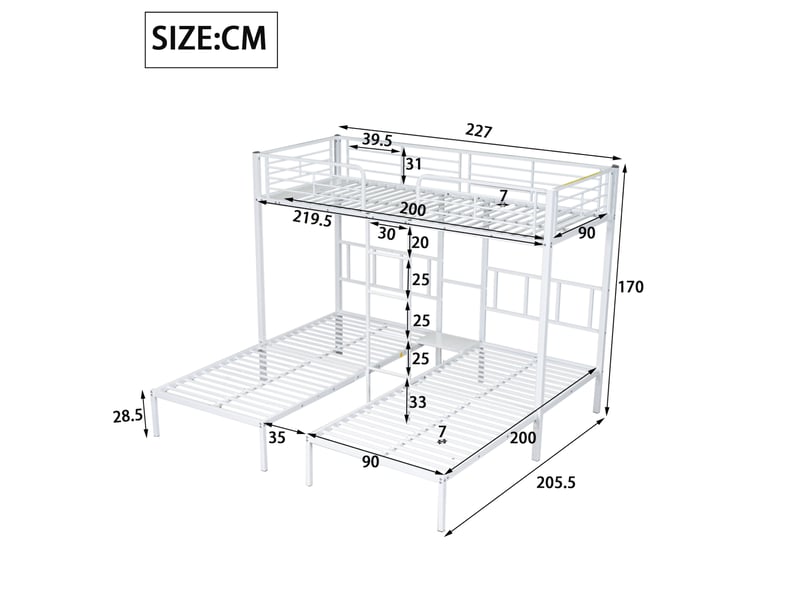  Lit superposé triple 3 couchages 90x200 cm en métal blanc  - Conforama E