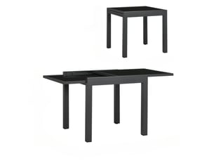 Table à manger plateau extensible grand format piètement en aluminium gris foncé plateau en verre trempé noir