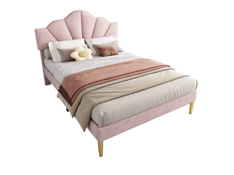  Modenvie lit rembourré 140x190 cm - velours, tête de lit réglable en hauteur, sans matelas - rose  - Conforama A
