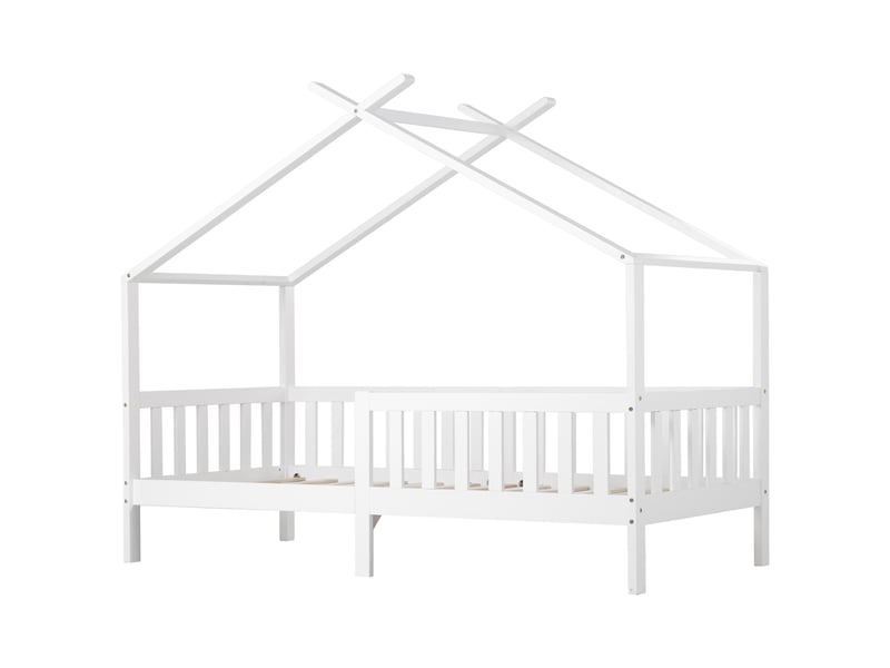  Magnifique lit cabane, lit enfant en bois massif avec barrière et sommier à lattes, pour chambres d'enfants et d'adolescents avec protection antichute, blanc (200x90 cm)  - Conforama A