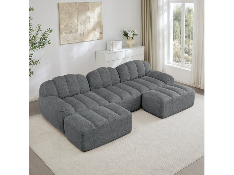  Canapé modulable ulevr 3 places en u avec 2 poufs, mousse haute densité 32d, tissu bouclette gris, 288 x 165 x 79 cm  - Conforama B
