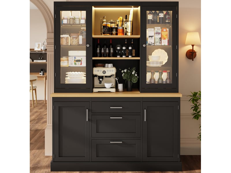  Meuble buffet rangement cuisine 140x40x185 mdf noir led tiroirs verre métal app homvra  - Conforama D