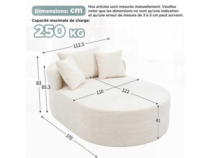  Fauteuil relax ovale 170 x 112,5 x 83 cm beige clair en velours côtelé, assise profonde sans montage complexe  - Conforama C