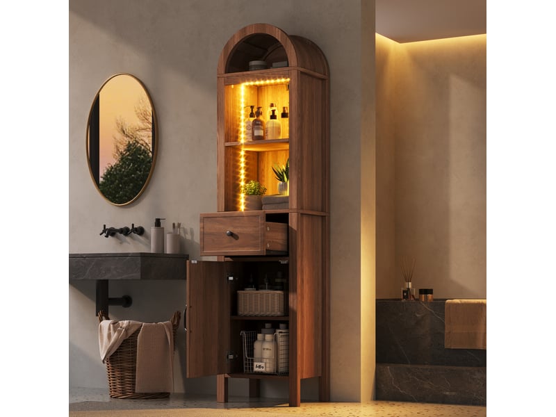  Armoire haute de salle de bain avec led, porte réversible, tiroir et rangements ouverts en mdf noyer 40 × 30 × 163 cm  - Conforama D