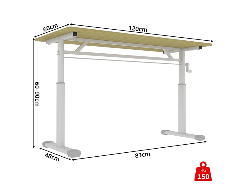 Bureau réglable en hauteur 120 x 60 cm en bois et métal, manivelle manuelle pour travail assis-debout à domicile - Conforama C