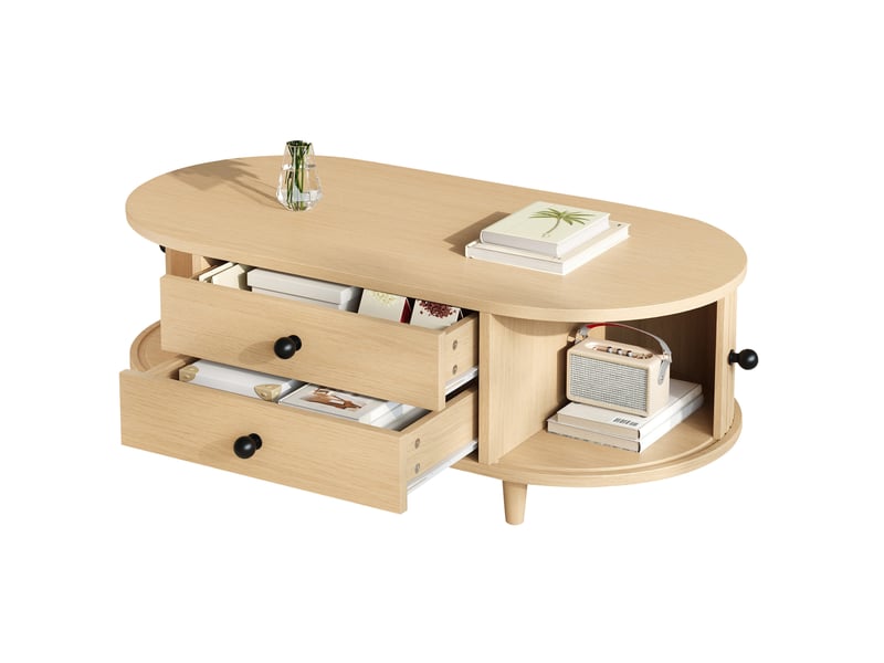  Table basse 100x50x36 cm avec 2 tiroirs et portes à rideau mdf bois clair  - Conforama A