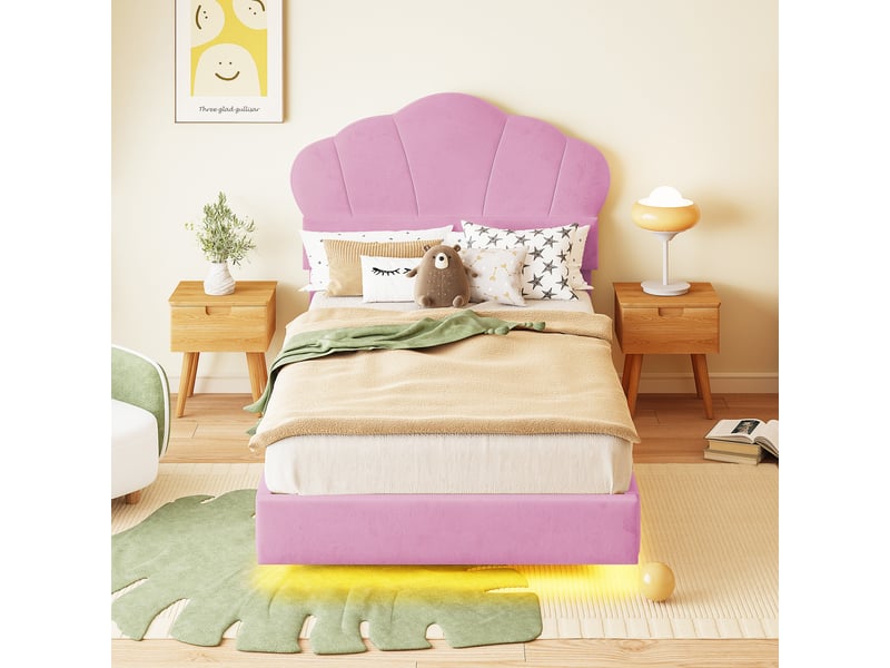  Lit enfant 90x200 cm, led, tête de lit et sommier, style moderne, velours rose, sans matelas  - Conforama B