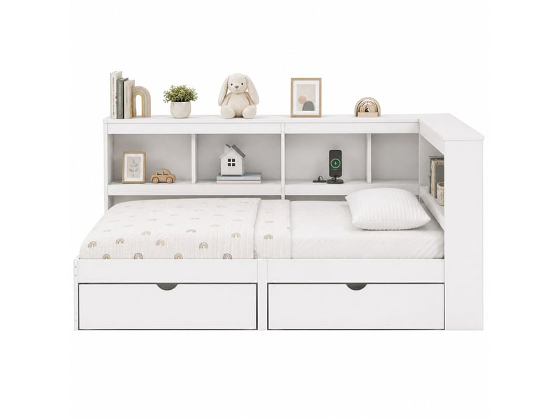 Lit de jour 90 x 200 cm blanc avec 2 tiroirs, prise et 2 ports usb - Conforama A