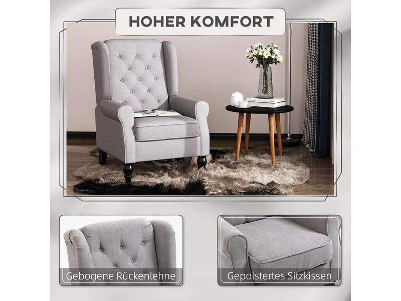  Fauteuil relax à dossier haut avec capitonnage  - assise rembourrée, pieds en bois avec patins, polyester gris  - Conforama E