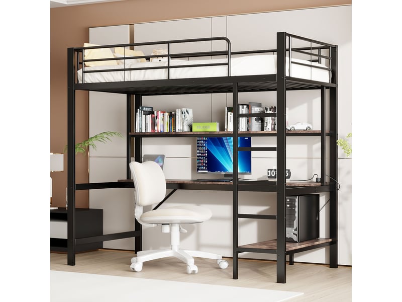  Lit mezzanine 90*200 cm, structure en métal, éclairage led, bureau, port usb, échelle, barrière, sans matelas, noir  - Conforama D