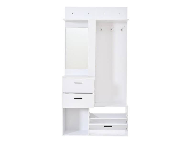  Garde-robe d'entrée 90x30x180 cm blanche avec banc à chaussures, miroir, 2 tiroirs, 3 crochets et étagères  - Conforama A