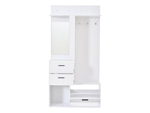 Garde-robe d'entrée 90x30x180 cm blanche avec banc à chaussures, miroir, 2 tiroirs, 3 crochets et étagères