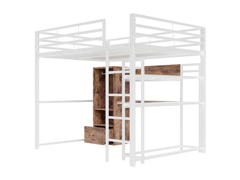 Lit superposé 140x200 cm avec éclairage led, lit simple rembourré avec bureau et tiroir, lit superposé avec cadre en métal, blanc - Conforama B