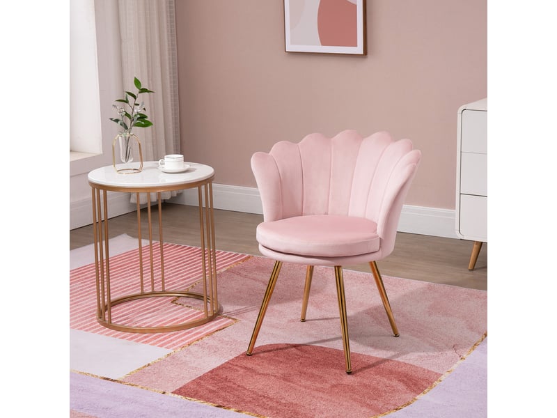  Fauteuil coquillage chaise coiffeuse fauteuil en velours avec pieds en métal doré rose poudré  - Conforama D